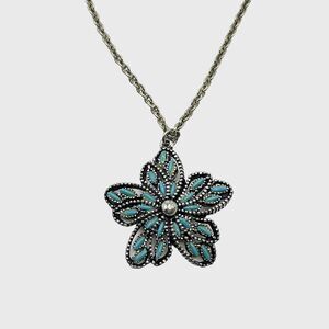 Petit Point Flower Pendant Necklace Imitation Turquoise Antiqued Southwest NYT